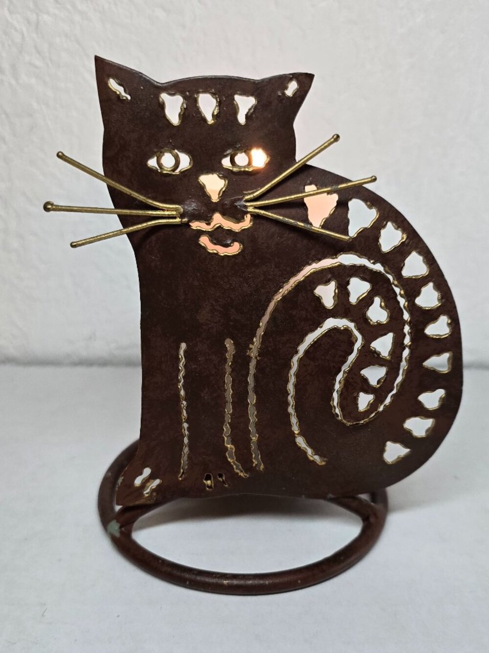 Vtg Metal Cut Out Cat Pillar Candle Holder Brass Wire Whiskers Rustic Folk Art